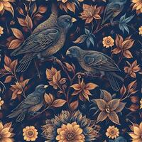 Seamless patterns of flowers and birds. AI Generated photo