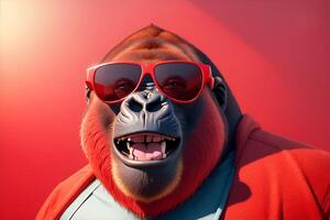 Funny gorilla with smiling face in red sunglasses. AI Generated photo