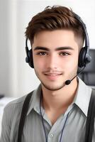 Man call center operator looking at the camera. AI Generated photo