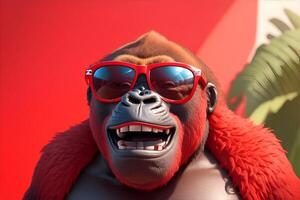 Funny gorilla with smiling face in red sunglasses. photo
