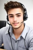 Man call center operator looking at the camera. AI Generated photo