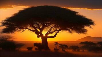 Silhouette of acacia tree in african sunset. AI Generated photo