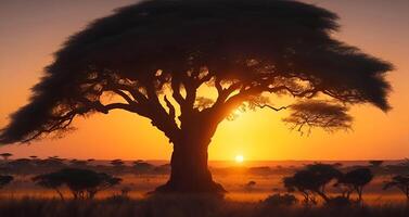 Silhouette of acacia tree in african sunset. AI Generated photo