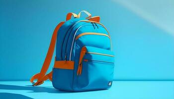 azul mochila en azul antecedentes. espalda a escuela. ai generado foto