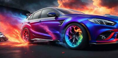 Aerography on car side colorful fire image banner. AI Generated photo