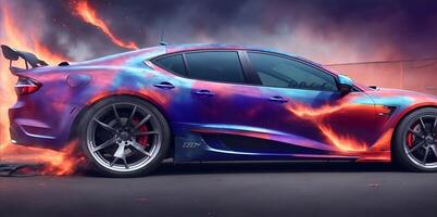 Aerography on car side colorful fire image banner. AI Generated photo