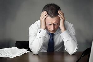 Businessman sits at a table with his head in his hands. Stress. AI Generated photo