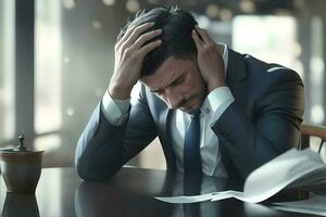 Businessman sits at a table with his head in his hands. Stress. AI Generated photo