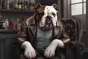 Bulldog dressed in a leather jacket sitting in a chair. photo