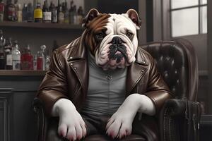 Bulldog dressed in a leather jacket sitting in a chair. AI Generated photo