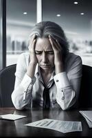 Businesswoman sits at a table with his head in his hands. Stress. AI Generated photo