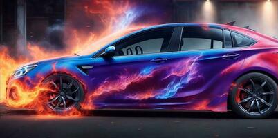 Aerography on car side colorful fire image banner. AI Generated photo