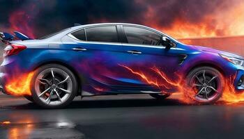 Aerography on car side colorful fire image banner. AI Generated photo