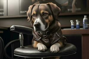 Dog dressed in a leather jacket sitting in a chair in barbershop. AI Generated photo