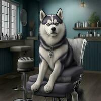 Dressed husky dog sitting in a chair in a barbershop. AI Generated photo