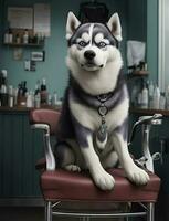 Dressed husky dog sitting in a chair in a barbershop. AI Generated photo