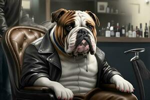 Bulldog dressed in a leather jacket sitting in a chair. AI Generated photo