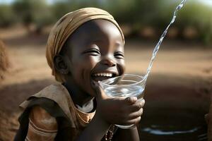 sequía carencia de agua problema riendo niño en África. ai generado foto