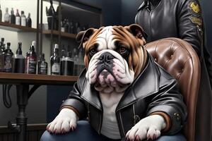 Bulldog dressed in a leather jacket sitting in a chair. AI Generated photo