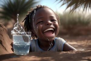 sequía carencia de agua problema riendo niño en África. ai generado foto