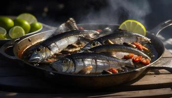 Grilled sardines with thyme chili and lime. AI Generated photo