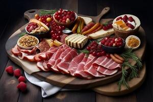 Charcuterie board with Spanish jamon pork sausage. AI Generated photo