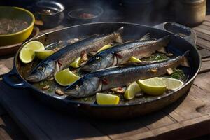 Grilled sardines with thyme chili and lime. AI Generated photo