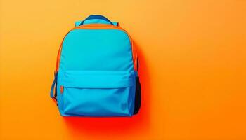 Blue backpack on orange background. Back to school. AI Generated photo