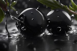 Photo closeup black olives with water drops. AI Generated