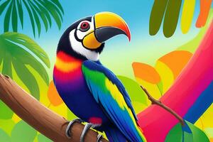 Rainbow toucan witting on the tree close up colorful. photo