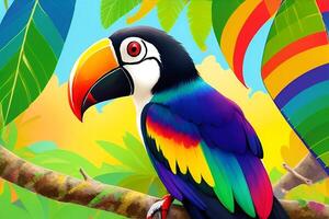 Rainbow toucan witting on the tree close up colorful. AI Generated photo