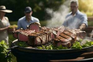 Steaks close up prepared on barbeque. AI Generated photo