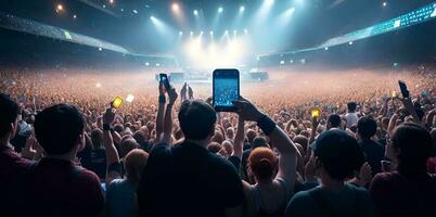 un multitud de personas a un En Vivo evento, concierto o fiesta participación manos y teléfonos inteligentes arriba. ai generado foto