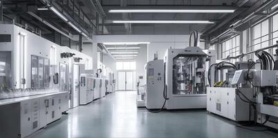 A modern factory with CNC milling machines. AI Generated photo