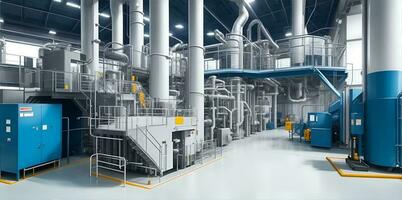 A modern heavy industry production facility. Clean and bright modern facility. AI Generated photo