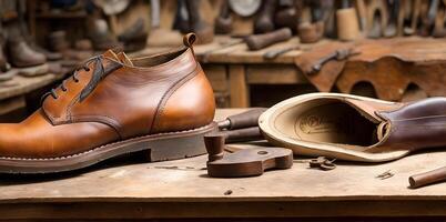 A shoemake or shoe repairman's work bench, . AI Generated photo