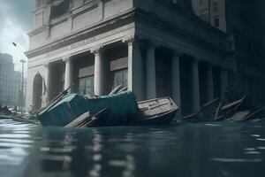 A sinking bank, a bank going under. A collapsing bank. AI Generated photo