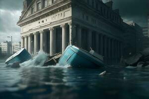 A sinking bank, a bank going under. A collapsing bank. AI Generated photo