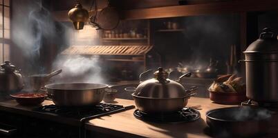 An Asian restaurant kitchen, flame and smoke on the gas stove. AI Generated photo