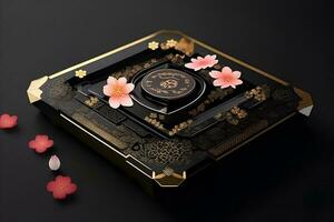 CPU with Asian floral design on dark background, AI Generated photo