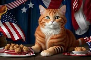Ginger cat having fourth of july party . AI Generated photo