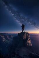 Hiker at the summit of a mountain overlooking a stunning view. AI Generated photo