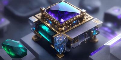 Imaginal High-end CPU with a fantasy game look and gemstone on top. photo