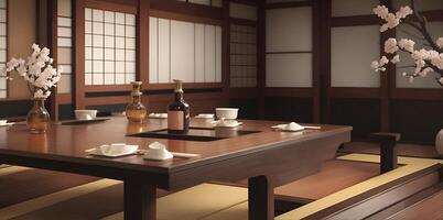 Japanese restaurant. tables in a classic style traditional Japanese style restaurant. AI Generated photo