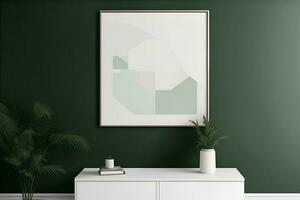 Mockup poster frame in minimalist interior background with dark green wall. AI Generated photo