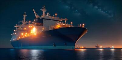 petróleo petrolero atracado en un costa afuera muelle a noche o amanecer mar. ai generado foto