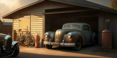 Old garage or shed with a vintage car. AI Generated photo