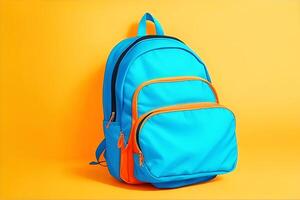 azul colegio mochila en naranja fondo, espalda a colegio concepto con Copiar espacio. ai generado foto