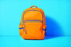 Orange school backpack on blue background, back to school concept with copy space. AI Generated photo