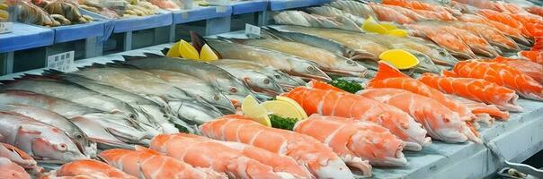 Raw fish market, wet market or fresh seafood market AI Generated photo